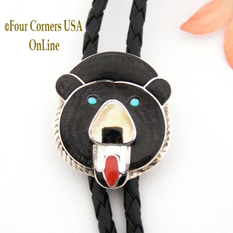 Black Bear Inlay Bolo Zuni Paul Peyketewa Jr Four Corners USA OnLine Native American Jewelry