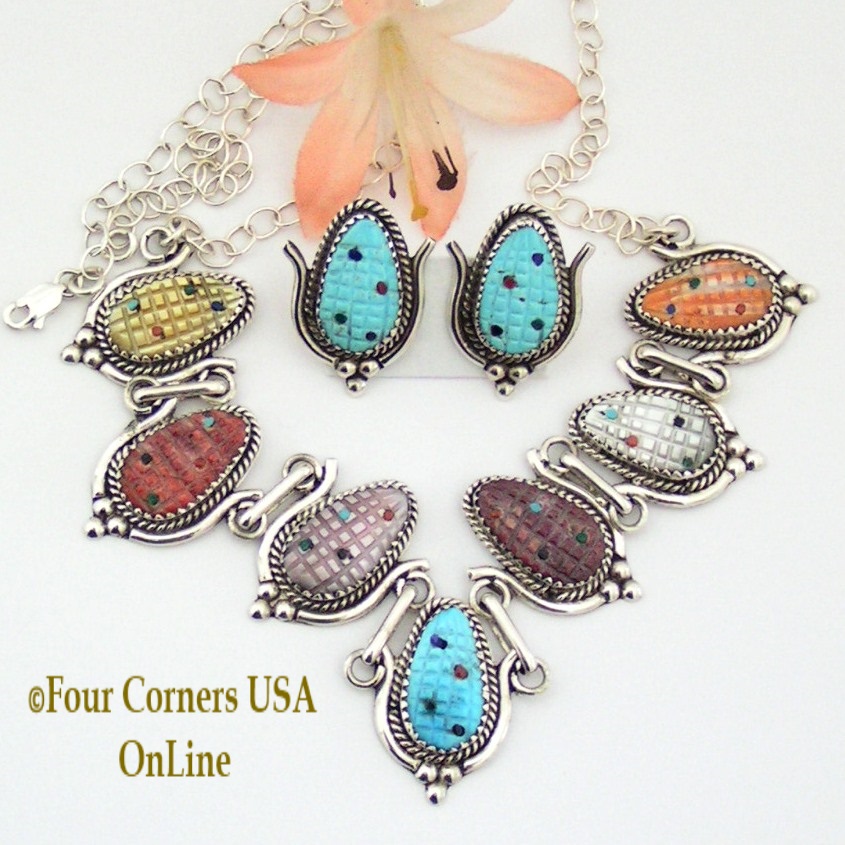 Multi Color Corn Sterling Silver Necklace Earring Set Native American Zuni Artisan Tracy Bowekaty Four Corners USA OnLine JewelryNAN-1424