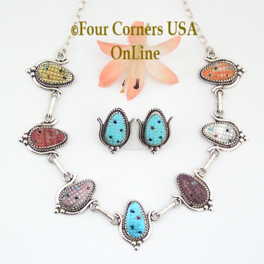 Multi Color Corn Sterling Silver Necklace Earring Jewelry Set Four Corners USA OnLine Native American Zuni