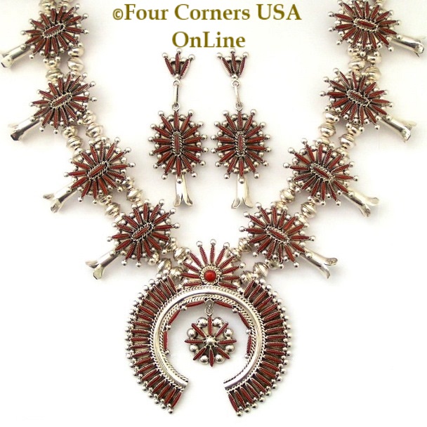 On Sale Now Coral Needlepoint Squash Blossom Necklace Earring Jewelry Set Zuni Artisans Lance and Cordelia Waatsa at Four Corners USA OnLine