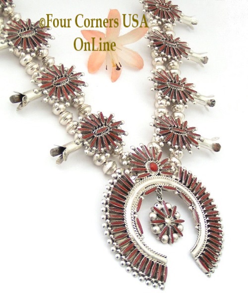 On Sale Now Coral Needlepoint Squash Blossom Necklace Earring Jewelry Set Zuni Artisans Lance and Cordelia Waatsa Four Corners USA OnLine