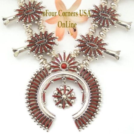 Zuni Needlepoint Coral Squash Blossom Jewelry Set Lance and Cordelia Waatsa Four Corners USA OnLine