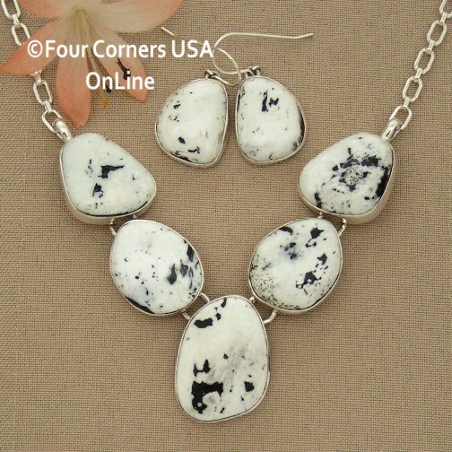 Large 5 Stone White Buffalo Turquoise Necklace Earring Jewelry Set Navajo Lyle Piaso NAN-1432 Four Corners USA OnLine