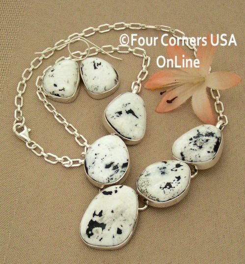 Large 5 Stone White Buffalo Turquoise Necklace Earring Jewelry Set Navajo Lyle Piaso Four Corners USA OnLine Native American Jewelry