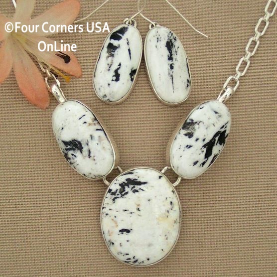 Large 3 Stone White Buffalo Turquoise Necklace Earring Jewelry Set Navajo Lyle Piaso NAN-1434 Four Corners USA OnLine