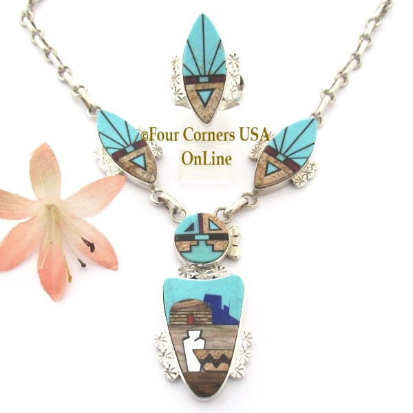 SunFace Pueblo Fine Inlay Jewelry Necklace Ring Set Navajo Artisan Calvin Desson Four Corners USA OnLine Fine Native American Jewelry