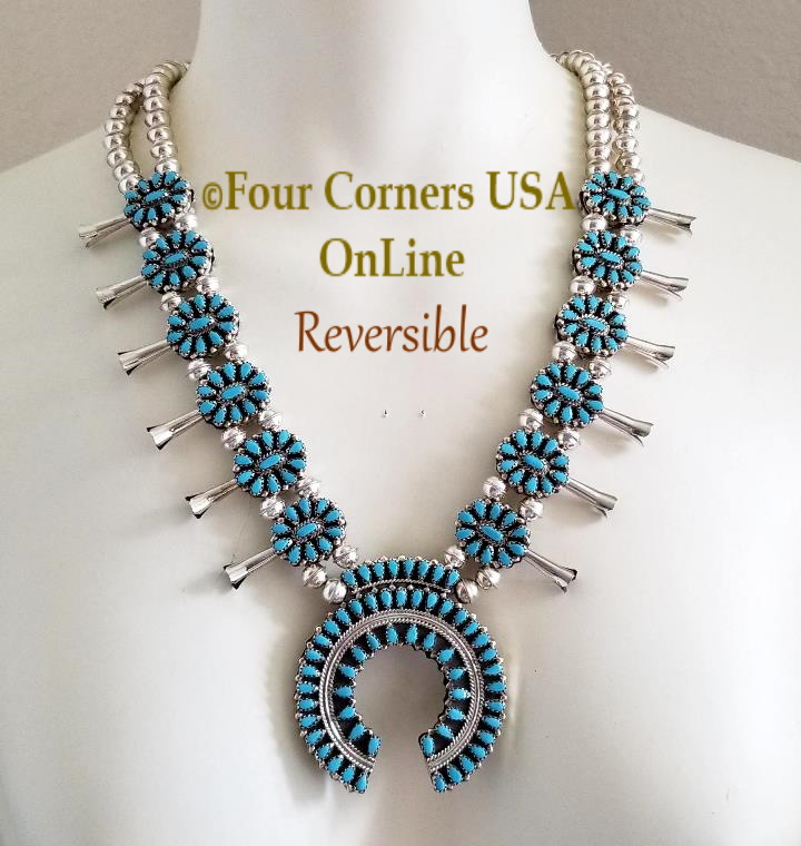 On Sale Now White Buffalo Turquoise Reversible Petit Point Squash Blossom Necklace Earring Jewelry Set by Navajo craftsman Eldon James Four Corners USA OnLine Native American Silver Southwest Jewelry Making Supplies