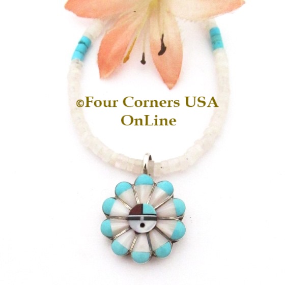Zuni Pink MOP Turquoise Inlay SunFace Pendant 17 Inch Bead Necklace NAP-09302 Four Corners USA OnLine Native American Jewelry