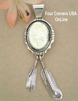 Large Sacred White Buffalo Turquoise Pendant with Sterling Feathers by Native American Bobby Becenti Four Corners USA OnLine Navajo Silver Jewelry
