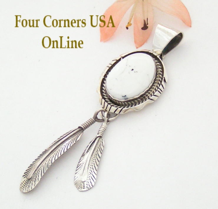 White Buffalo Turquoise Feather Pendant Navajo Bobby Becenti Native American Indian Jewelry NAP-1458 Four Corners USA OnLine