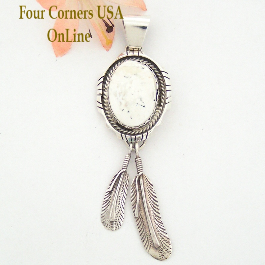 White Buffalo Turquoise Feather Pendant Bobby Becenti Navajo Silver Jewelry NAP-1459 Four Corners USA OnLine Native American Jewelry Store