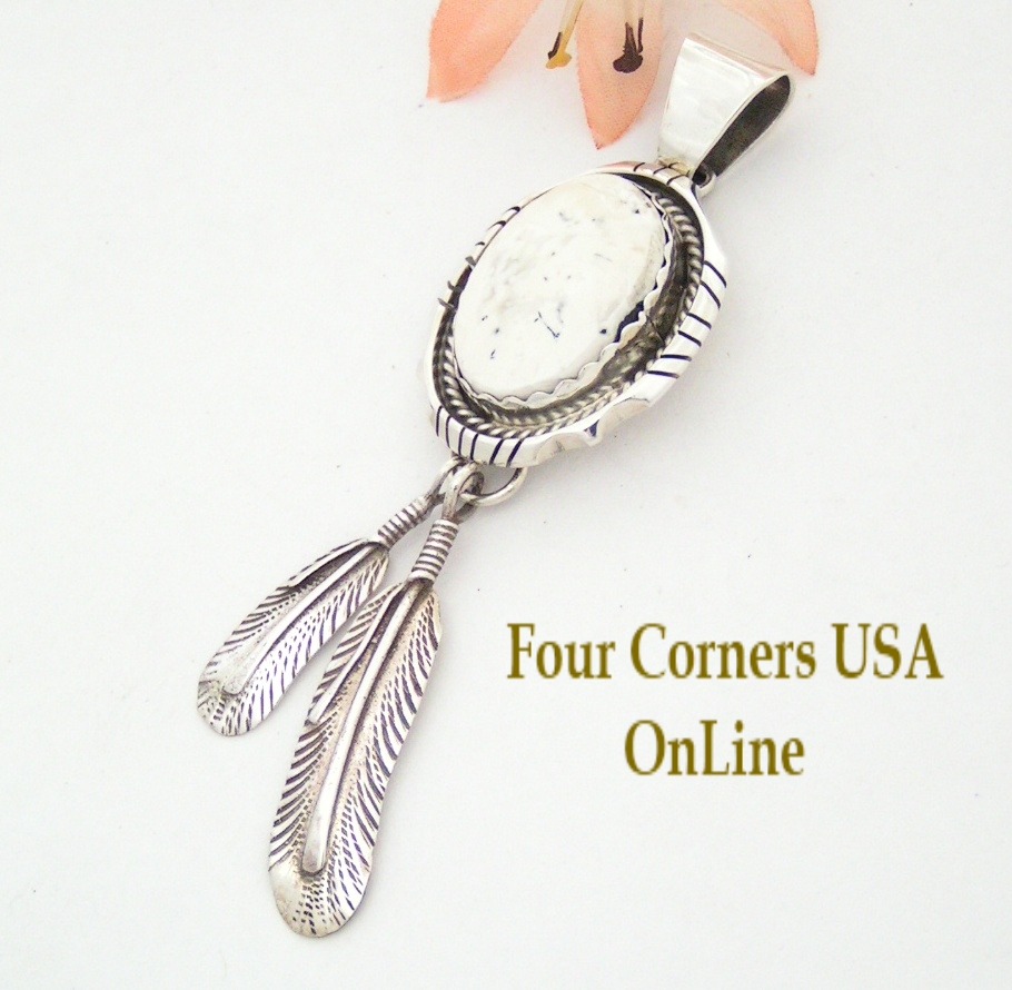 White Buffalo Turquoise Feather Pendant Bobby Becenti Navajo Silver Jewelry NAP-1459 Four Corners USA OnLine Native American Jewelry Store