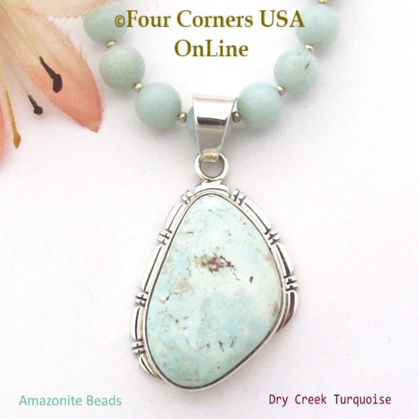 Dry Creek Turquoise Pendant 18 to 20 Inch Adjustable Bead Necklace Four Corners USA OnLine Native American Navajo Artisan Silver Jewelry NAP-1489BDS