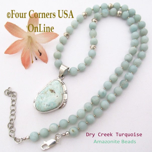 Dry Creek Turquoise Pendant 18 to 20 Inch Adjustable Bead Necklace Four Corners USA OnLine Native American Navajo Artisan Silver Jewelry NAP-1489BDS