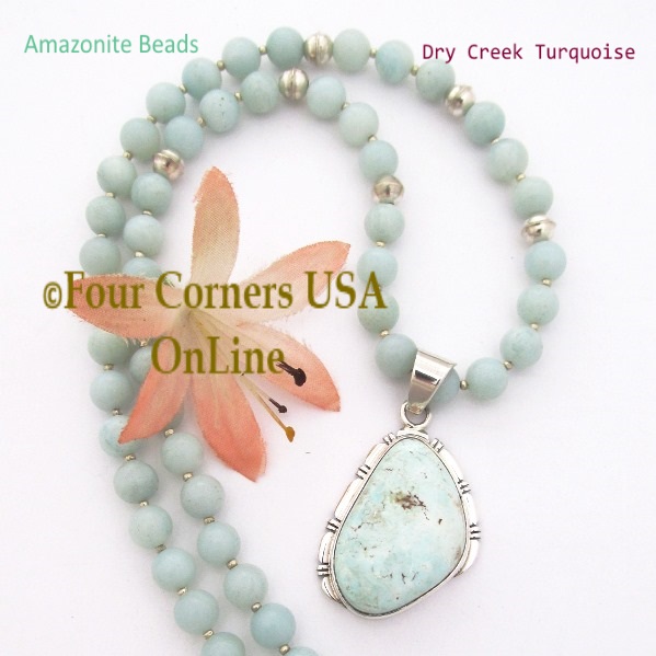 Dry Creek Turquoise Pendant 18 to 20 Inch Adjustable Bead Necklace Four Corners USA OnLine Native American Navajo Artisan Silver Jewelry NAP-1489BDS