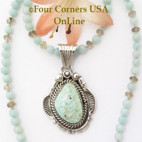 Dry Creek Turquoise Pendant 19 Inch Bead Necklace Native American Navajo Silversmith Harry Spencer Four Corners USA OnLine Jewelry