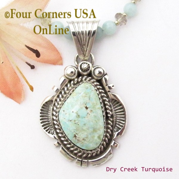 Dry Creek Turquoise Pendant 19 Inch Bead Necklace Native American Navajo Silversmith Harry Spencer Four Corners USA OnLine Jewelry