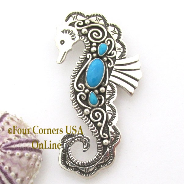 Silver Turquoise Seahorse Pin Brooch Pendant Navajo Lee Charley NAP-1727 Four Corners USA OnLine Native American Wearable Art Jewelry