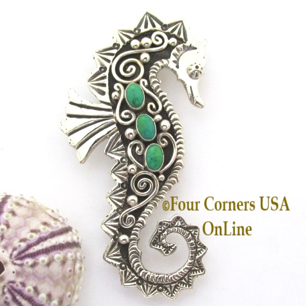 Silver Gaspeite Seahorse Pin Brooch Pendant Navajo Lee Charley NAP-1729 Four Corners USA OnLine Native American Wearable Art Jewelry