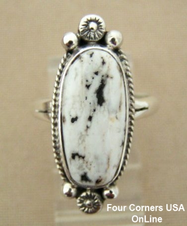 White Buffalo Turquoise Ring Size 8 3/4 Navajo Artisan Larry G Yazzie NAR-1411 Four Corners USA OnLine Native American Silver Jewelry 