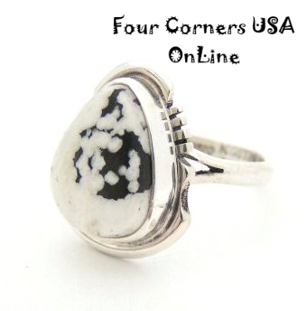 Teardrop White Turquoise Stone Ring Size 7 1/4 Navajo Arkge Nelson NAR-1422 Four Corners USA OnLine Native American Silver Jewelry
