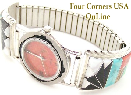 Men's Multi Color Inlay Sterling Watch Shown with Apple Coral Face Four Corners USA OnLine Native American Silver Jewelry