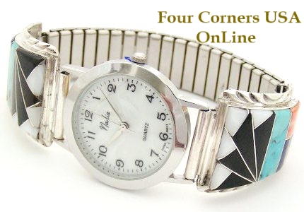 Men's Multi Color Inlay Sterling Watch shown with a Mother of Pearl Face Four Corners USA OnLine Native American Silver Jewelry