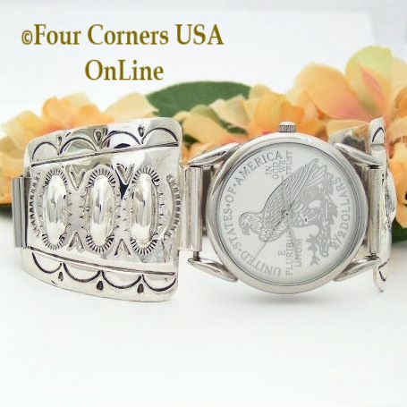 Men's Stamped Sterling Silver Watch shown with an Eagle Face Native American Jewelry Harry Spencer NAW-093405 Four Corners USA OnLine
