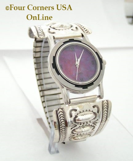 Men's Stamped Sterling Silver Watch Shown with Mohave Purple Turquoise Face Native American Navajo Jewelry by Harry Spencer