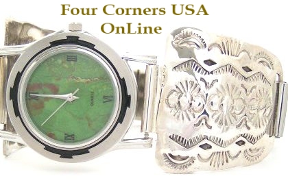 Men's Stamped Sterling Silver Watch Shown with Mohave Green Turquoise Face Four Corners USA OnLine Native American Jewelry