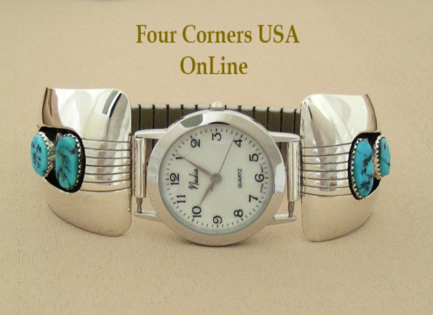 Men's Turquoise Sterling Silver Watch Native American Navajo Jerry Cowboy NAW-1421 Four Corners USA OnLine Jewelry Store