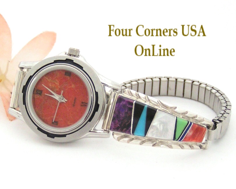 Women's Multi Color Inlay Sterling Watch Shown with Apple Coral Face Navajo Arnold Yazzie Four Corners USA OnLine Native American Jewelry NAW-1426