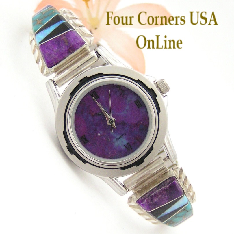 Women's Multi Color Inlay Sterling Watch Shown with Mohave Purple Turquoise Face Navajo Arnold Yazzie Four Corners USA OnLine Native American Jewelry NAW-1428