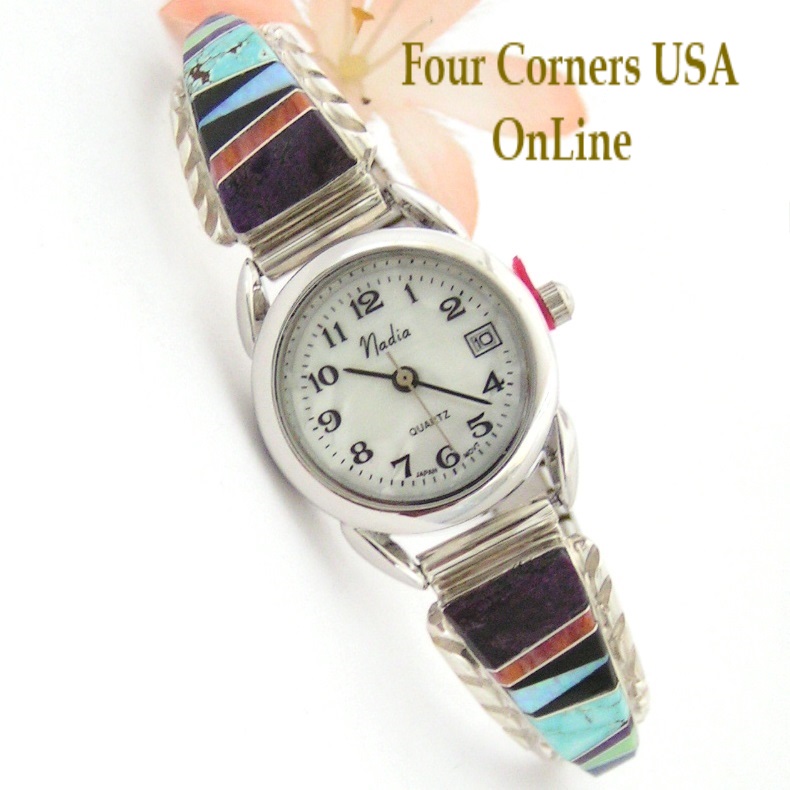 Women's Multi Color Inlay Sterling Watch Shown with MOP Calendar Face Navajo Arnold Yazzie Four Corners USA OnLine Native American Jewelry NAW-1429