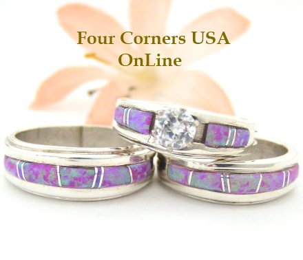 Pink Fire Opal Inlay Wedding Band Rings and Bridal Engagement Ring Sets by Native American Artisan Wilbert Muskett Jr. Four Corners USA OnLine Native American Jewelry