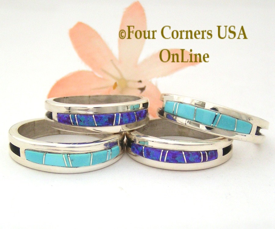 Turquoise Purple Inlay Wedding Band Rings Four Corners USA OnLine Native American Navajo Jewelry