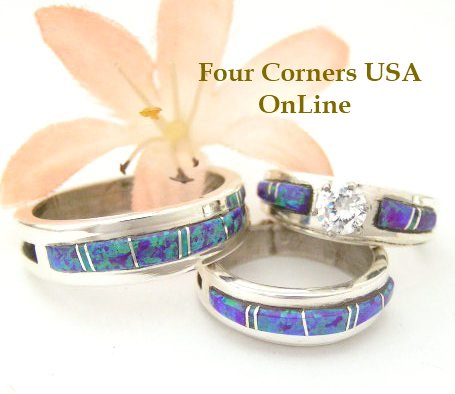 Purple Fire Opal Inlay Bridal Wedding Ring Sets by Wilbert Muskett Jr Four Corners USA OnLine Native American Indian Silver Jewelry