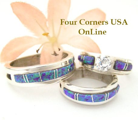 Purple Fire Opal Bridal Engagement Wedding Band Ring Sets Navajo Wilbert Muskett Jr Four Corners USA OnLine Native American Jewelry