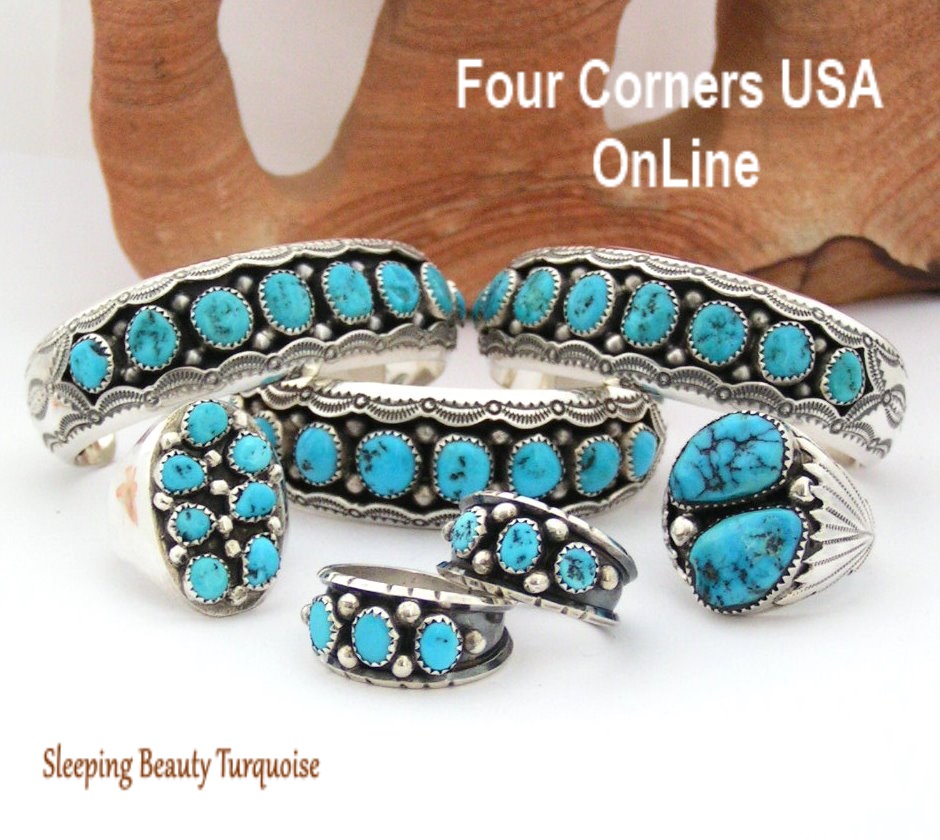 Sleeping Beauty Turquoise Cuff Bracelets Four Corners USA OnLine Native American Silver Jewelry