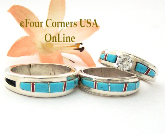 Turquoise Coral Inlay Wedding Engagement Band Rings Navajo Wilbert Muskett Jr Four Corners USA OnLine Native American Jewelry