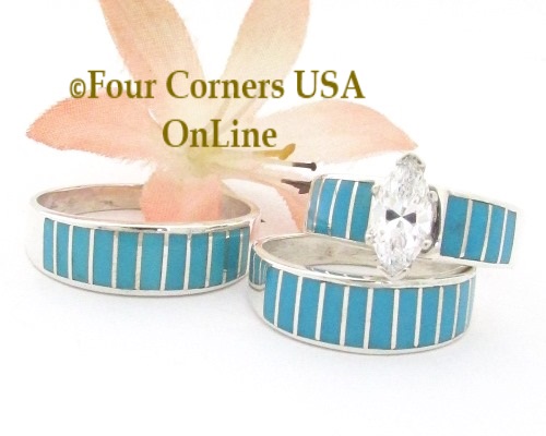 Turquoise Inlay Engagement Bridal Wedding Ring Sets Navajo Ella Cowboy Four Corners USA OnLine Native American Jewelry