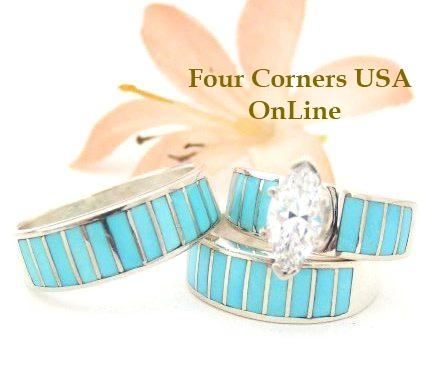 Turquoise Inlay Bride and Groom Wedding Band Engagement Ring Sets