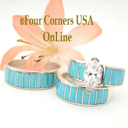 Turquoise Inlay Bridal Engagement Wedding Band Ring Sets Navajo Ella Cowboy Four Corners USA OnLine Native American Jewelry