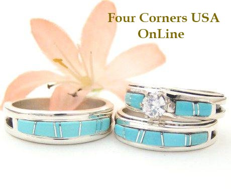 Turquoise Inlay Bridal Engagement Wedding Ring Sets Navajo Wilbert Muskett Jr. Four Corners USA OnLine Native American Jewelry