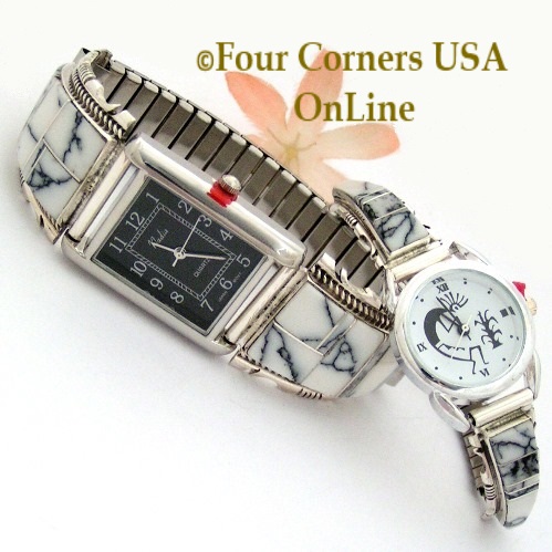 White Buffalo Inlay Sterling Silver Watches for both Men and Women by Navajo Silversmith Steve Francisco Four Corners USA OnLine Native American Jewelry