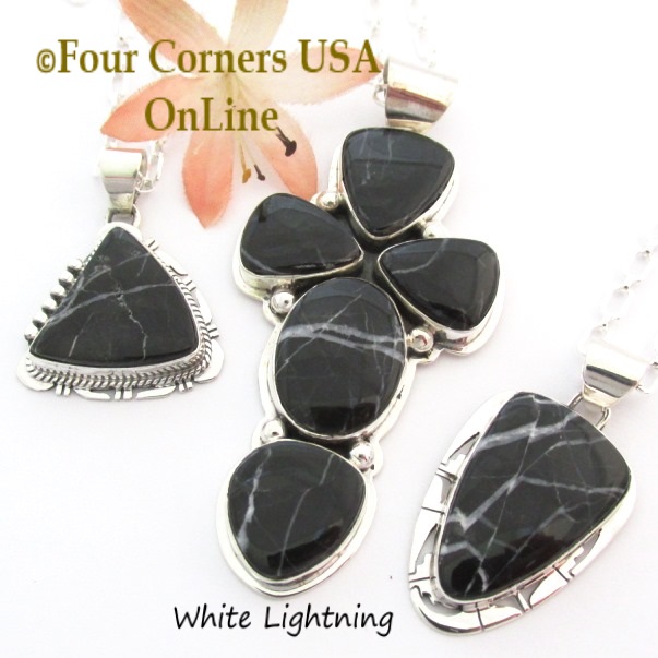 White Lightning Sterling Silver Pendants and Earrings Four Corners USA OnLine Native American Navajo Jewelry