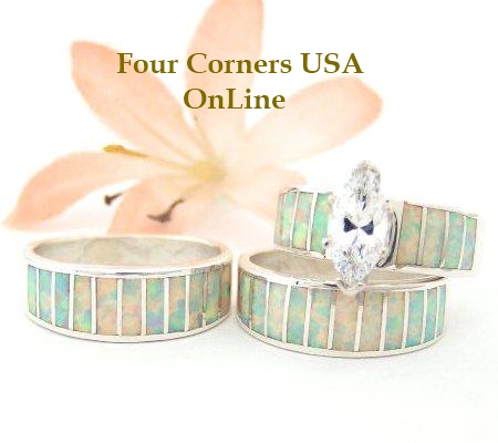 White Fire Opal Inlay Bridal Wedding Ring Sets Four Corners USA OnLine Native American Indian Silver Jewelry