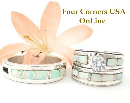 White Fire Opal Inlay Bridal Wedding Ring Sets by Wilbert Muskett Jr. Four Corners USA OnLine Native American Indian Silver Jewelry