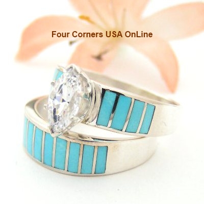 Turquoise Bridal Wedding Engagement Ring Set Size 9 Navajo Ella Cowboy Native American Indian Jewelry WS-1421 Four Corners USA Online