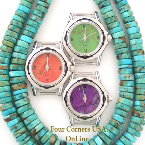 Womens Watch Faces Mohave Green Purple Turquoise Apple Coral to compliment your Native American Silver Watches Four Corners USA OnLine